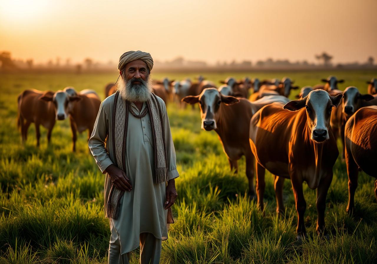 Pakistani livestock farmer with cattle at sunset